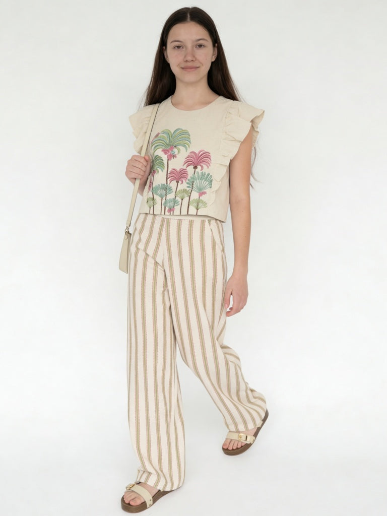 Utsa Kids Girls Off-White Embroidered Cotton-Blend Top - (8-14 yrs)