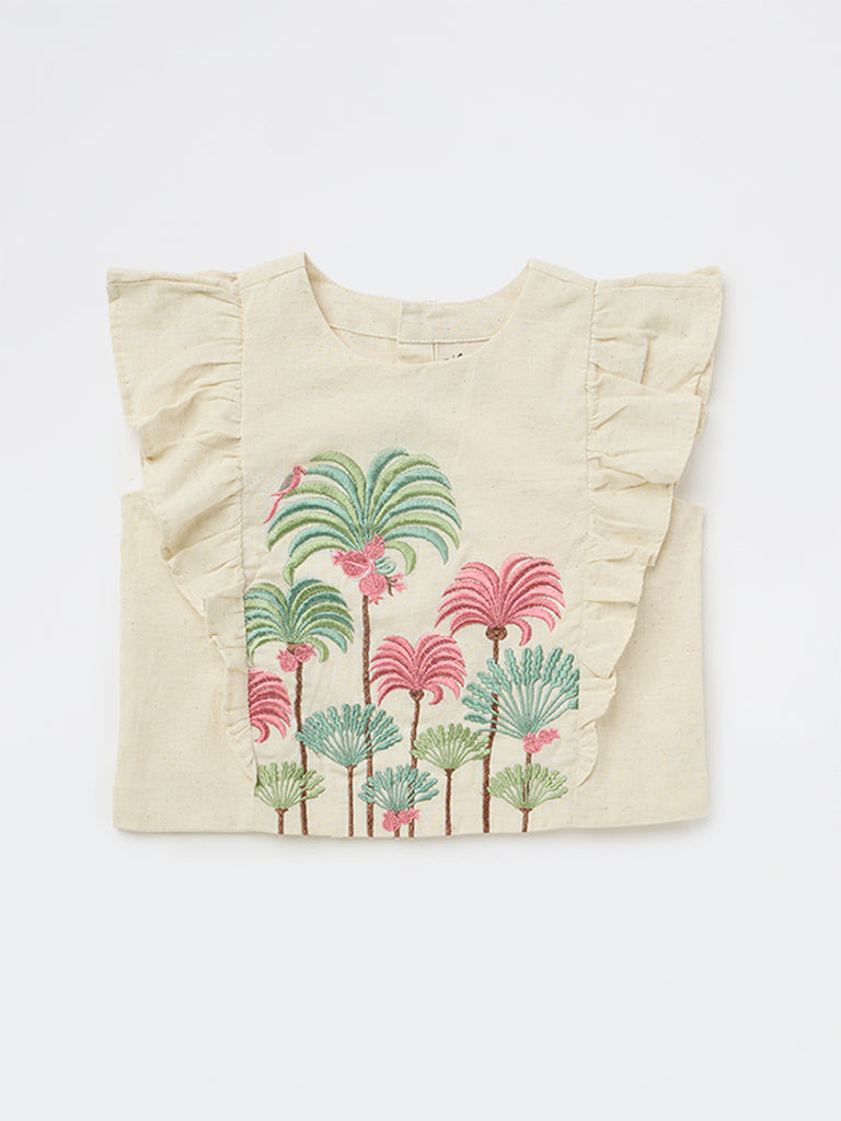 Utsa Kids Girls Off-White Embroidered Cotton-Blend Top - (8-14 yrs)