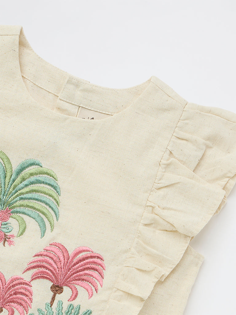 Utsa Kids Girls Off-White Embroidered Cotton-Blend Top - (8-14 yrs)