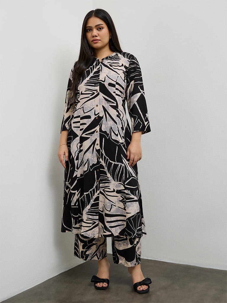 Diza Black Botanical Design A-Line Kurta