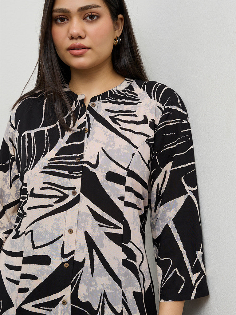 Diza Black Botanical Design A-Line Kurta
