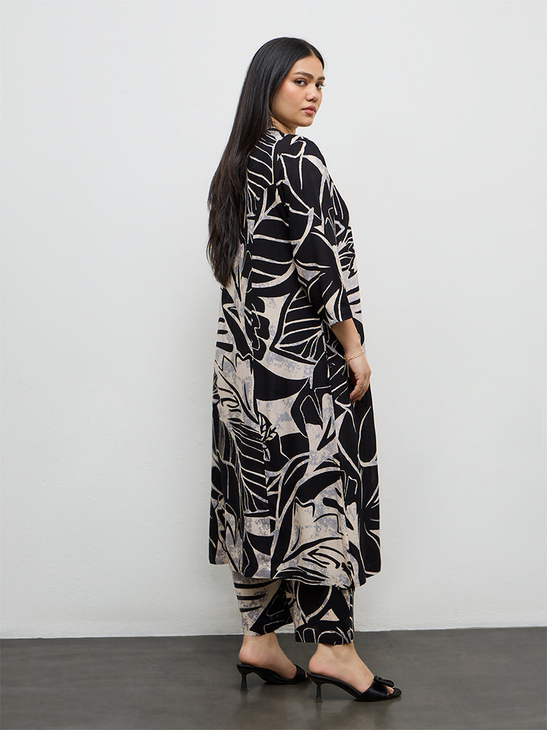 Diza Black Botanical Design A-Line Kurta