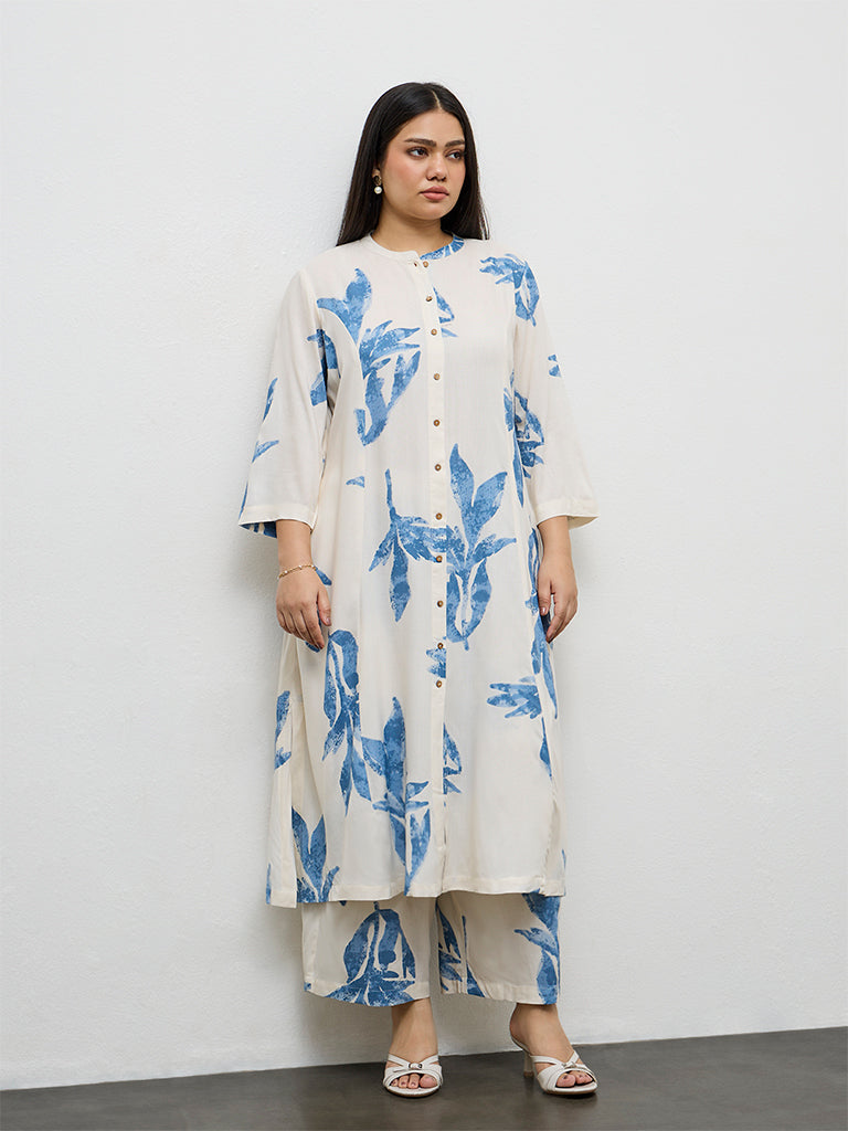 Diza White Foliage Printed A-Line Kurta