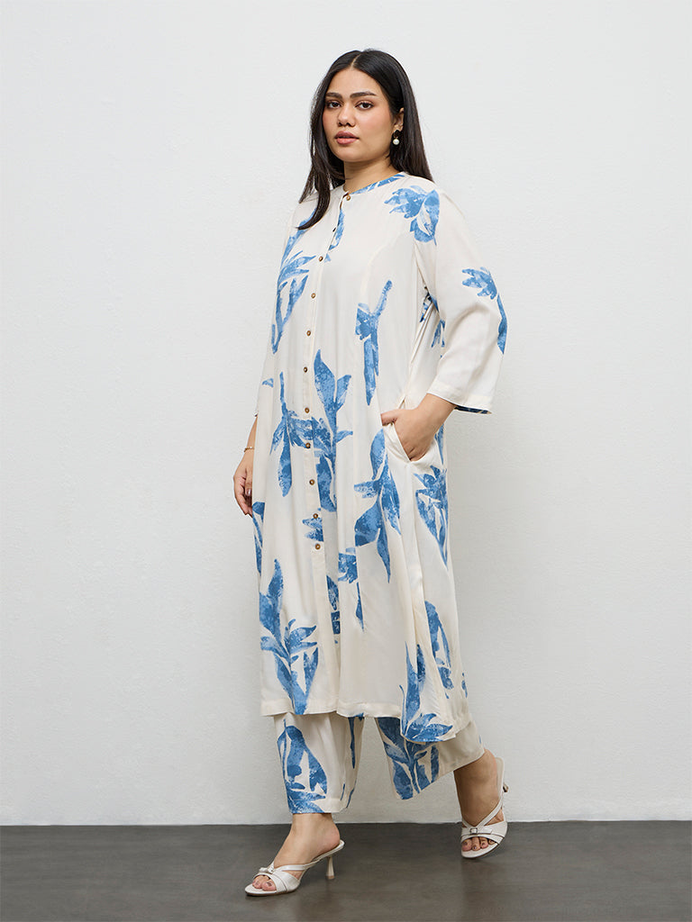 Diza White Foliage Printed A-Line Kurta