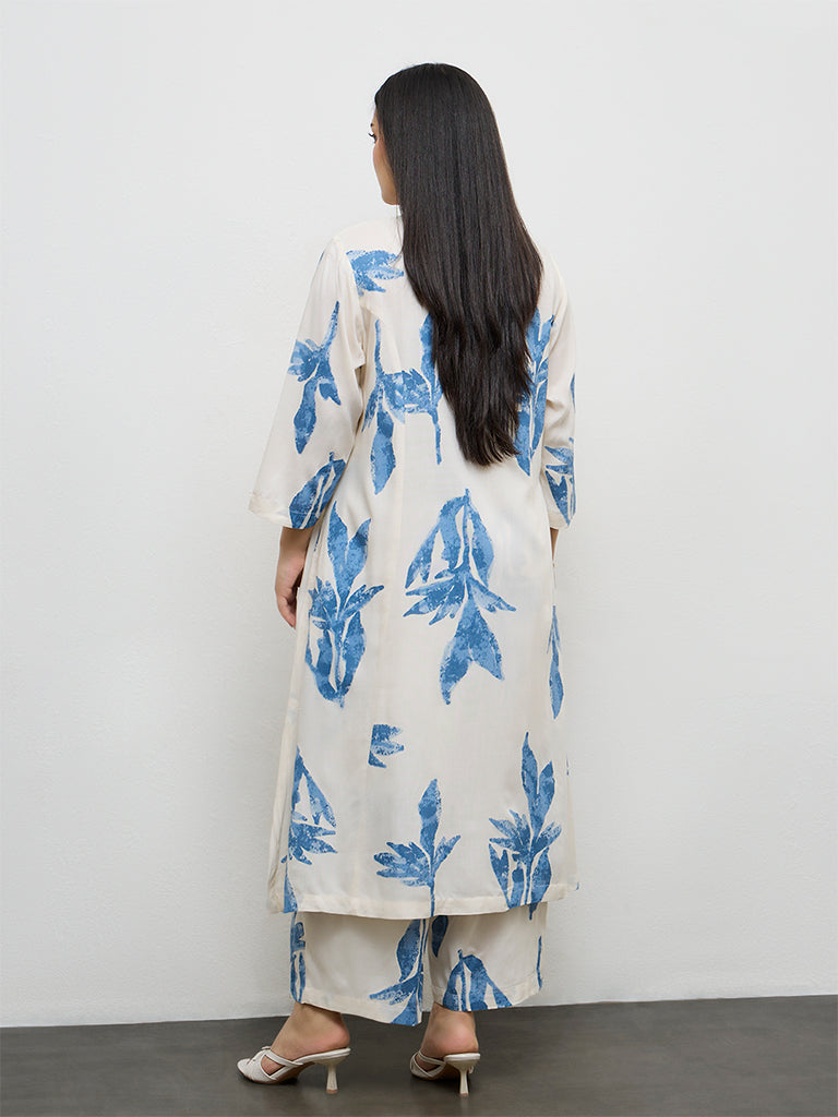 Diza White Foliage Printed A-Line Kurta