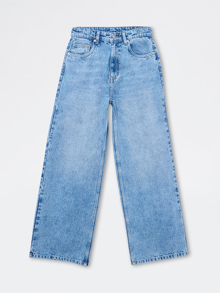 Nuon Light Blue Washed Relaxed-Fit High-Rise Jeans