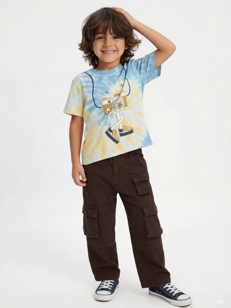 HOP Kids Boys Blue Tie-Dye Printed Cotton T-Shirt
