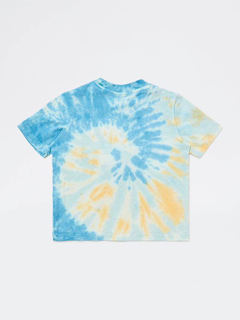 HOP Kids Boys Blue Tie-Dye Printed Cotton T-Shirt