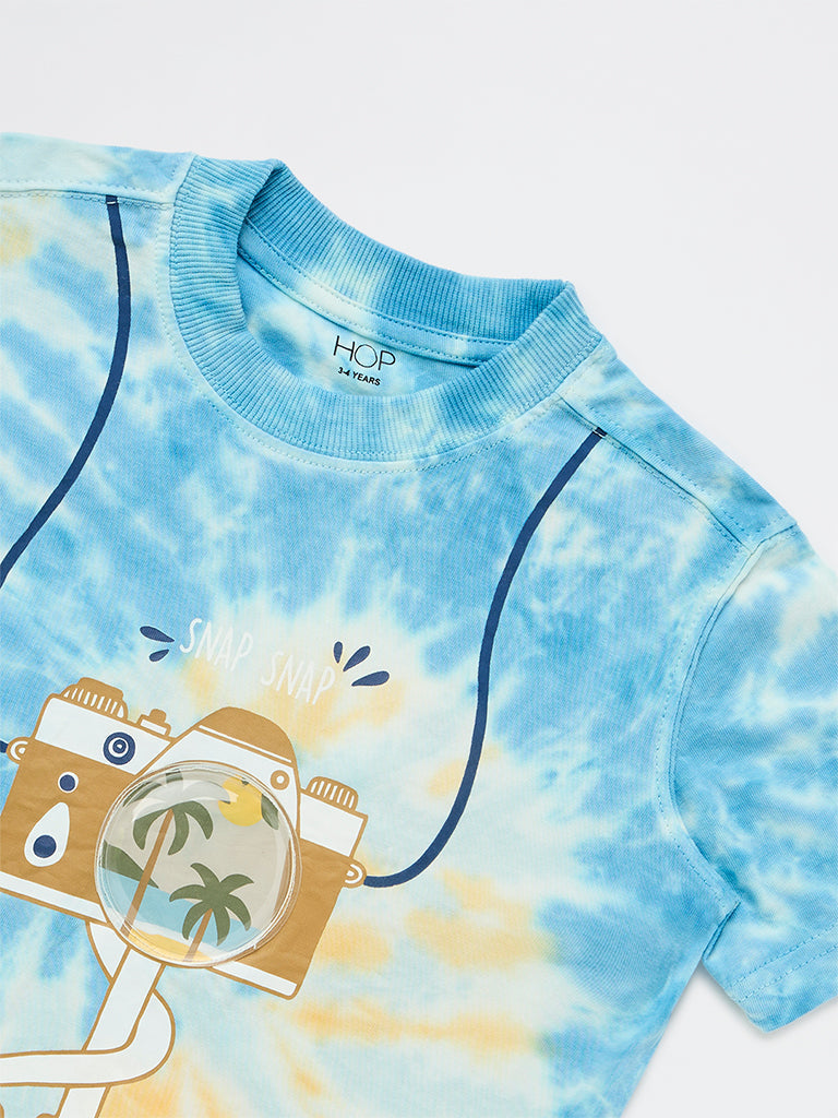 HOP Kids Boys Blue Tie-Dye Printed Cotton T-Shirt