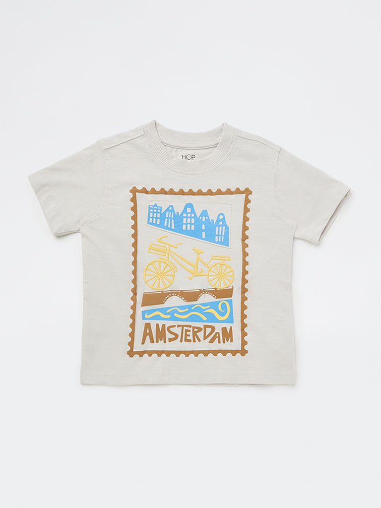 HOP Kids Boys Light Grey Graphic Printed Cotton T-Shirt