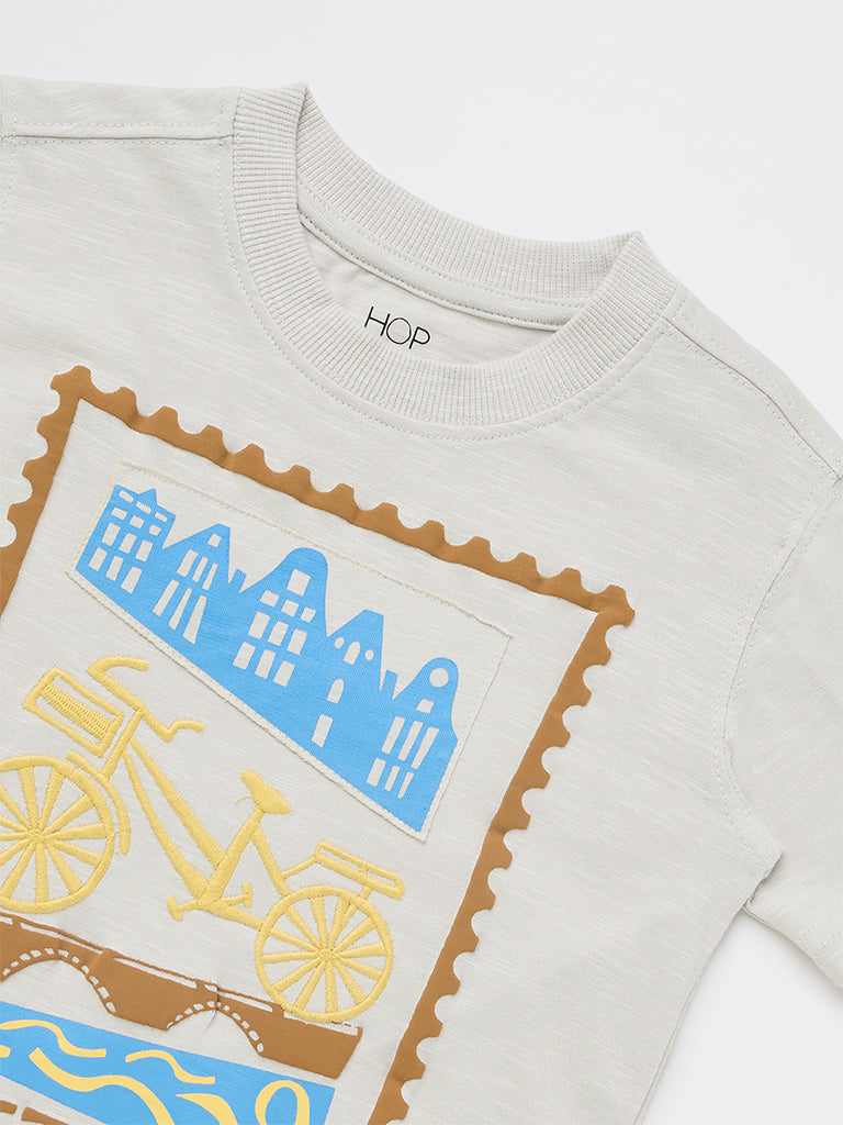 HOP Kids Boys Light Grey Graphic Printed Cotton T-Shirt