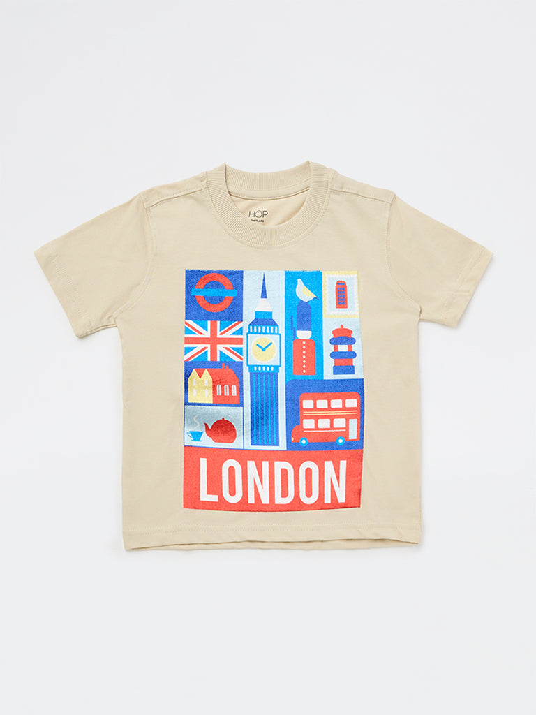 HOP Kids Boys Light Beige Graphic Printed Cotton T-Shirt