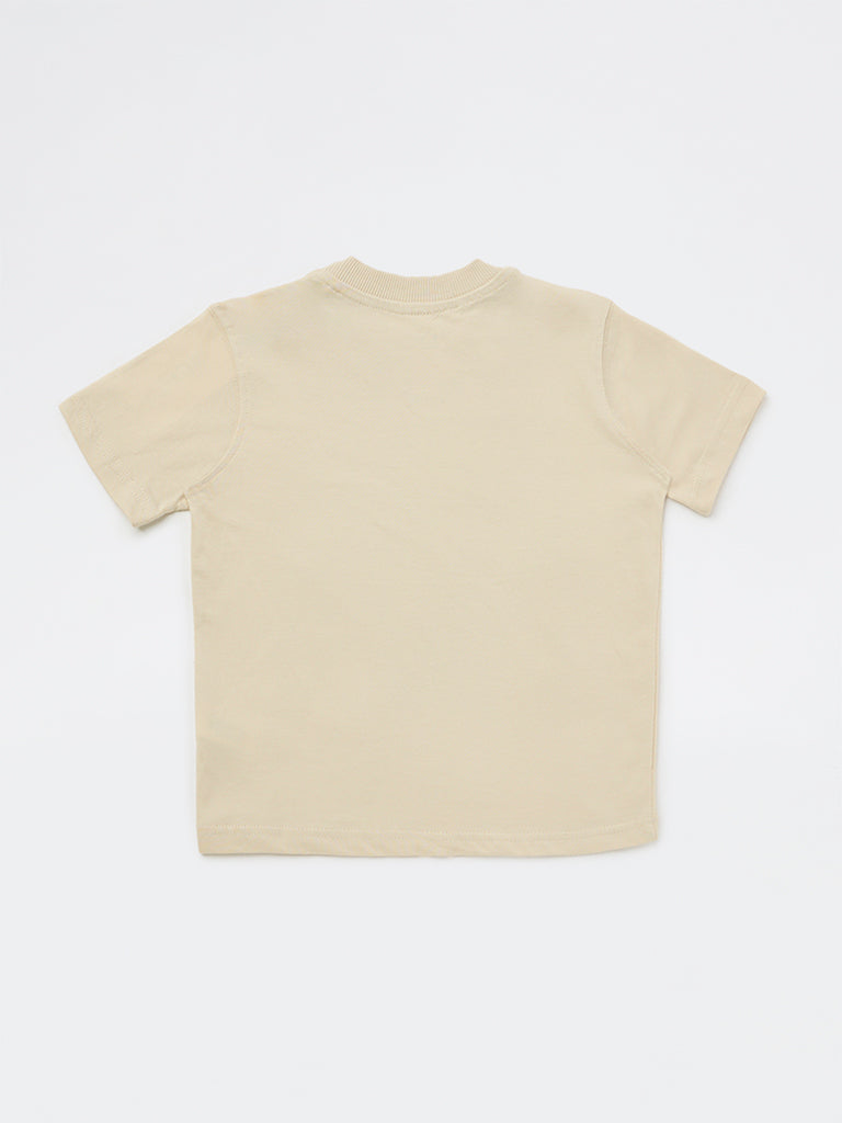 HOP Kids Boys Light Beige Graphic Printed Cotton T-Shirt