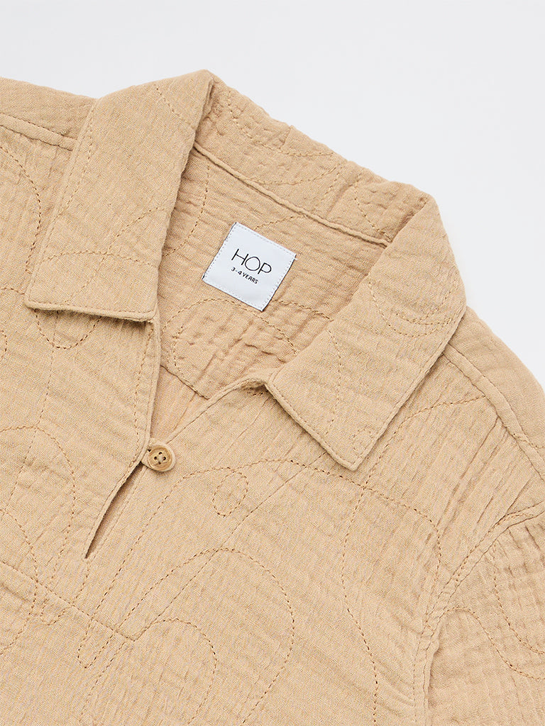 HOP Kids Boys Light Taupe Crinkle-Textured Cotton Shirt