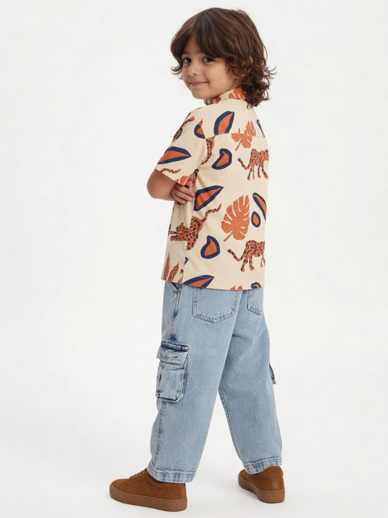 HOP Kids Boys Light Beige Jungle Printed Shirt