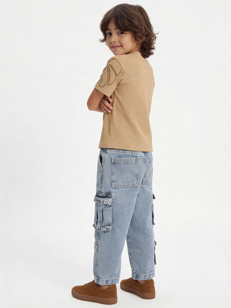 HOP Kids Boys Tan Embroidered Cotton-Blend T-Shirt