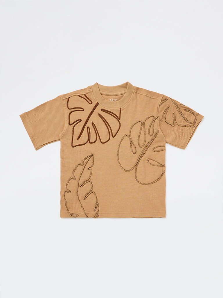 HOP Kids Boys Tan Embroidered Cotton-Blend T-Shirt