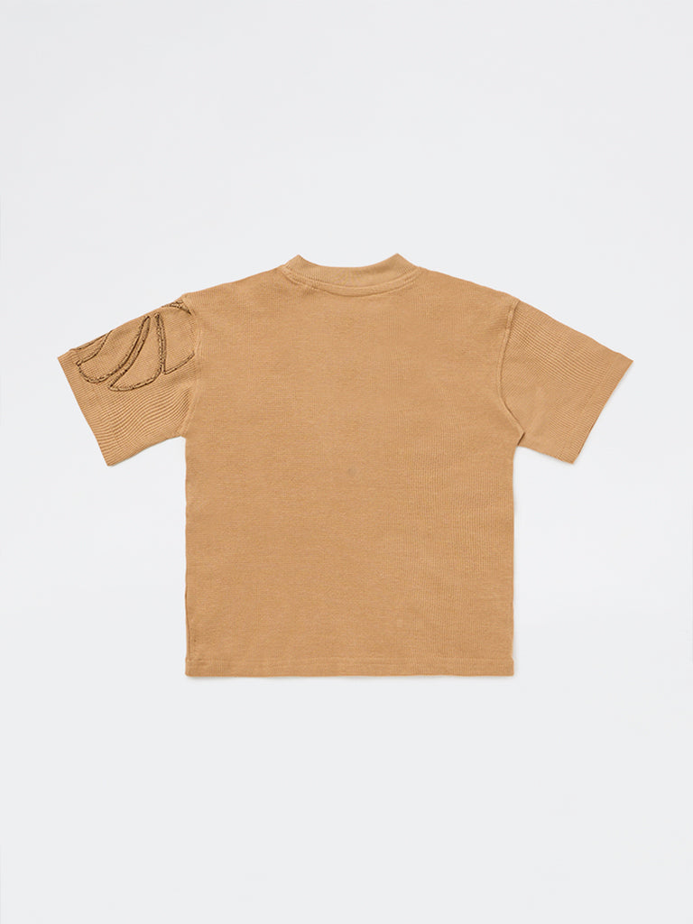 HOP Kids Boys Tan Embroidered Cotton-Blend T-Shirt