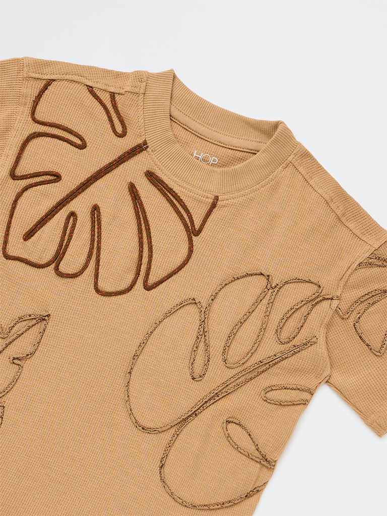 HOP Kids Boys Tan Embroidered Cotton-Blend T-Shirt