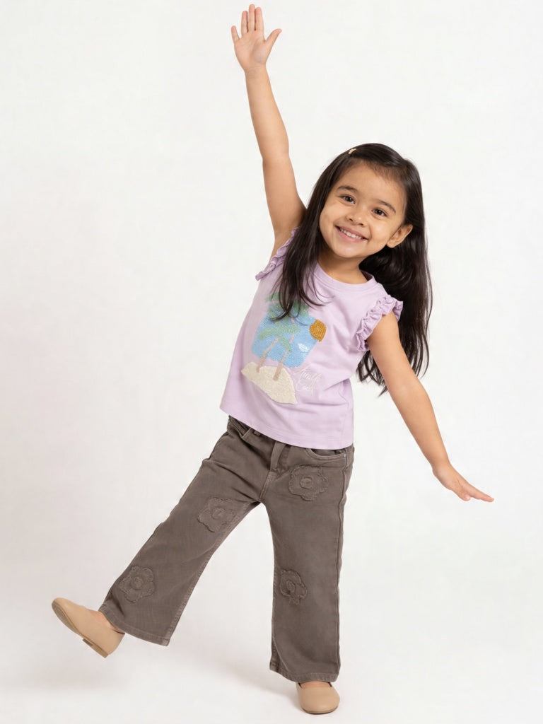 HOP Kids Girls Taupe Floral Applique Wide Leg Jeans