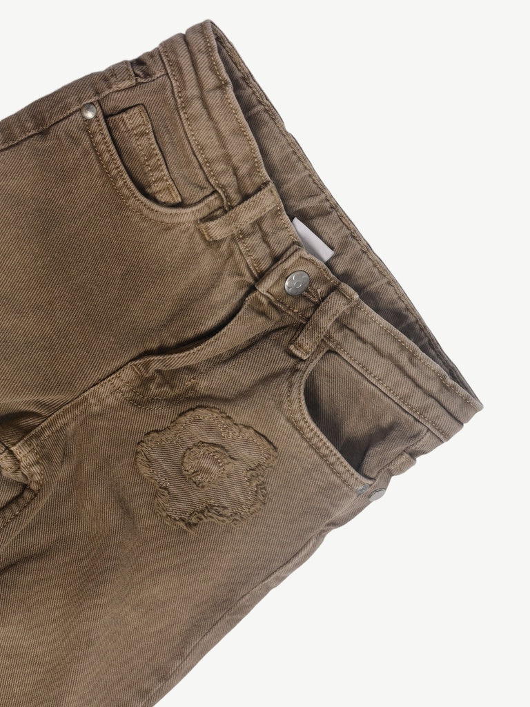 HOP Kids Girls Taupe Floral Applique Wide Leg Jeans