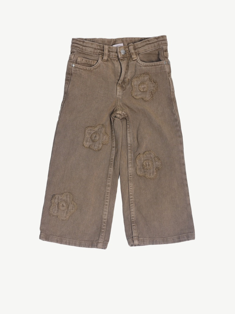 HOP Kids Girls Taupe Floral Applique Wide Leg Jeans