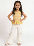 HOP Kids Girls Off-White Embroidered High-Rise Cotton Trousers