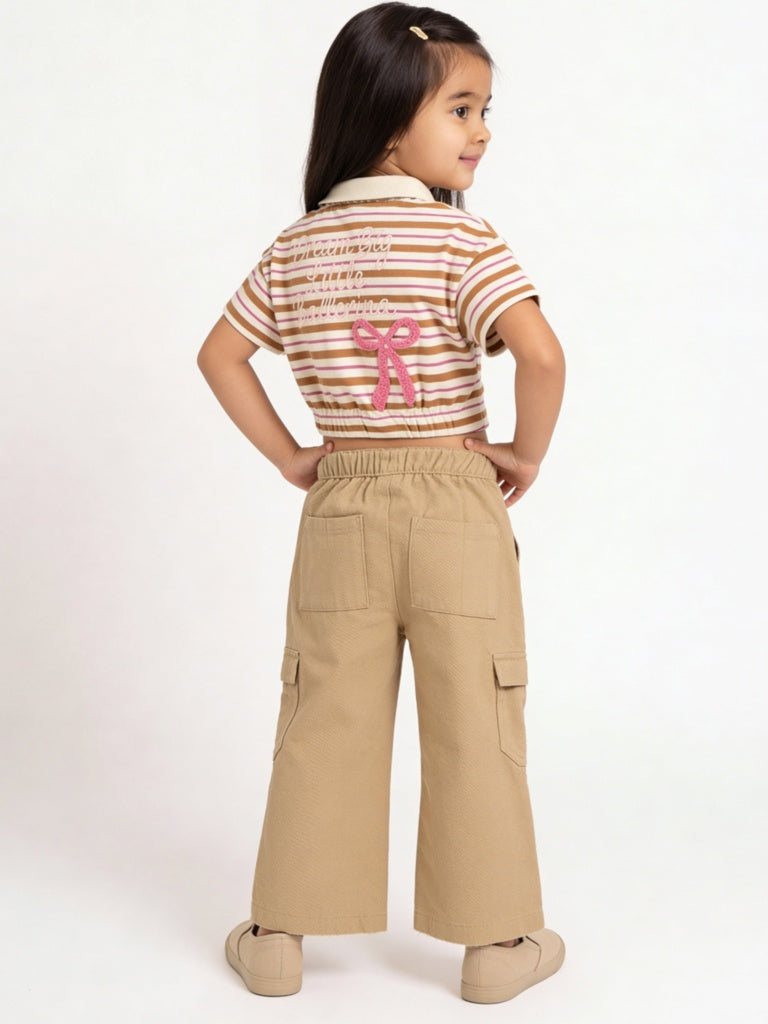 HOP Kids Girls Taupe Mid-Rise Embroidered High-Rise Cotton Trousers