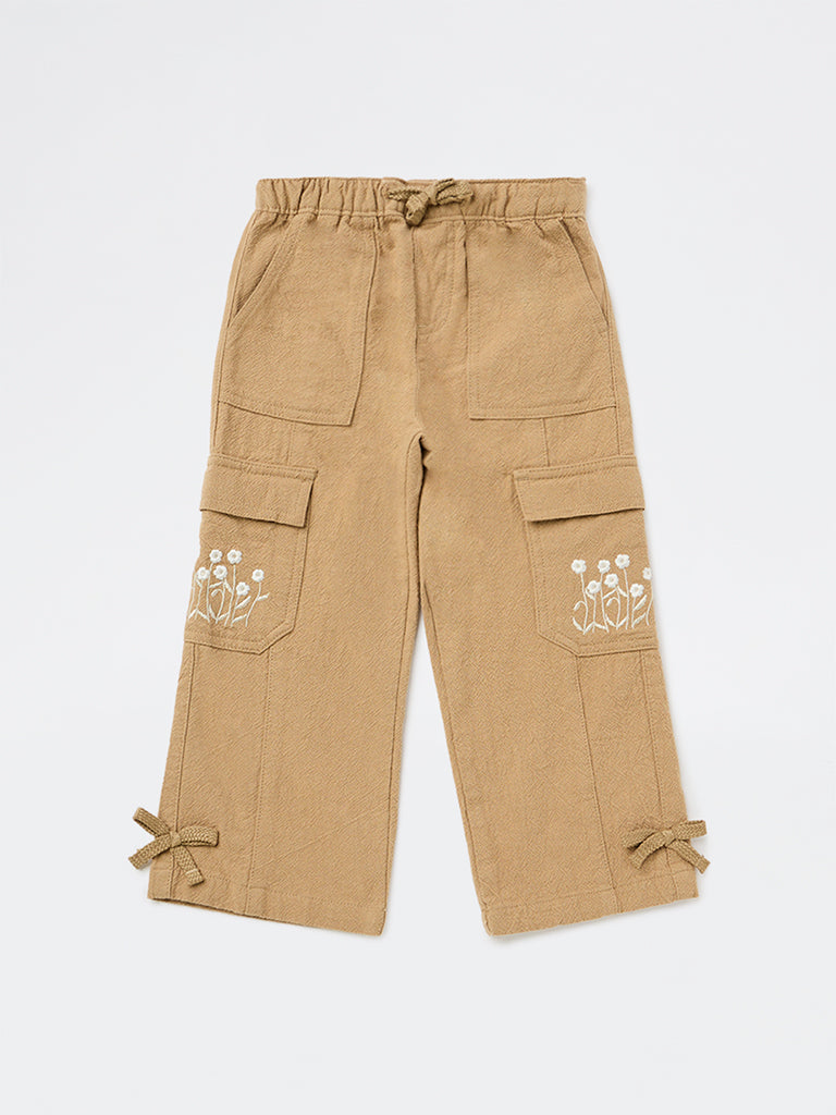 HOP Kids Girls Taupe Mid-Rise Embroidered High-Rise Cotton Trousers