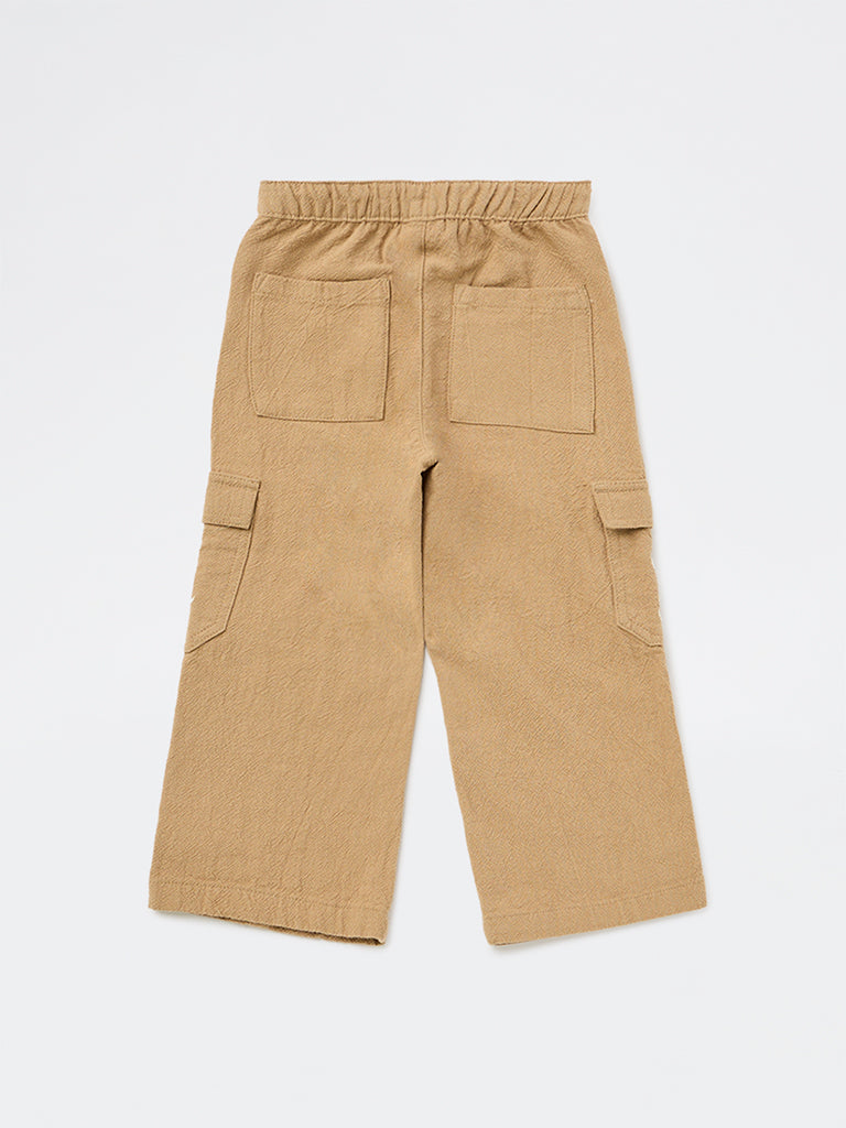 HOP Kids Girls Taupe Mid-Rise Embroidered High-Rise Cotton Trousers