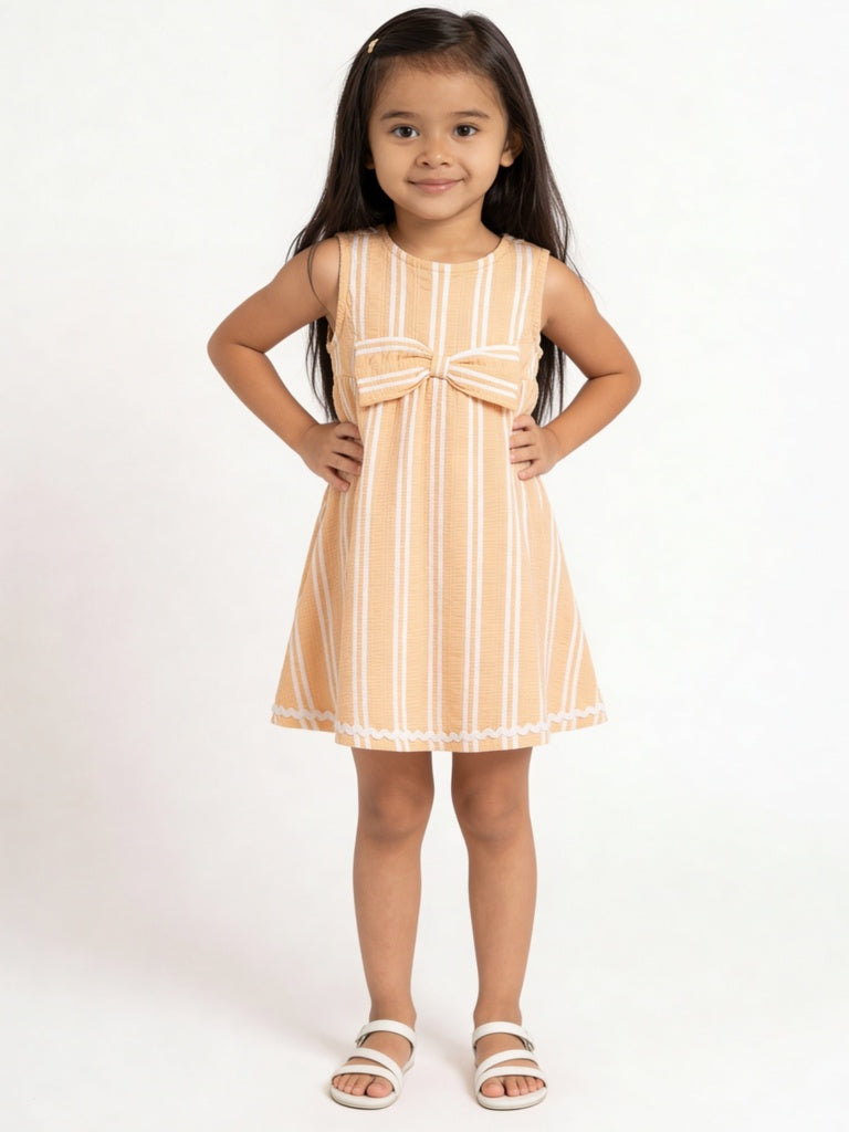 HOP Kids Girls Peach Striped Cotton-Blend A-Line Dress