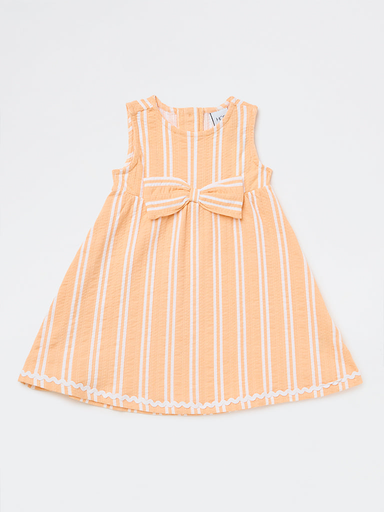 HOP Kids Girls Peach Striped Cotton-Blend A-Line Dress