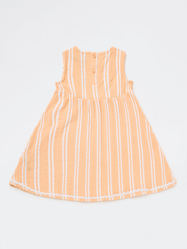 HOP Kids Girls Peach Striped Cotton-Blend A-Line Dress