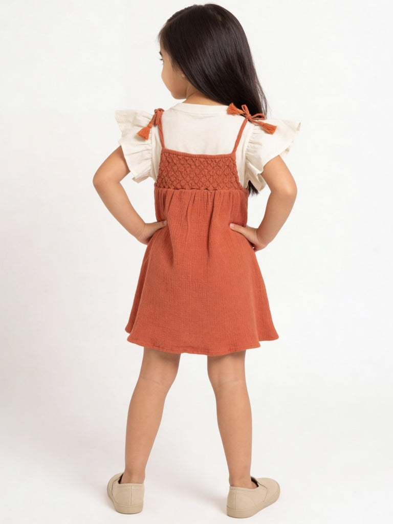 HOP Kids Girls Dusty Orange A-Line Cotton Dress and T-Shirt Set