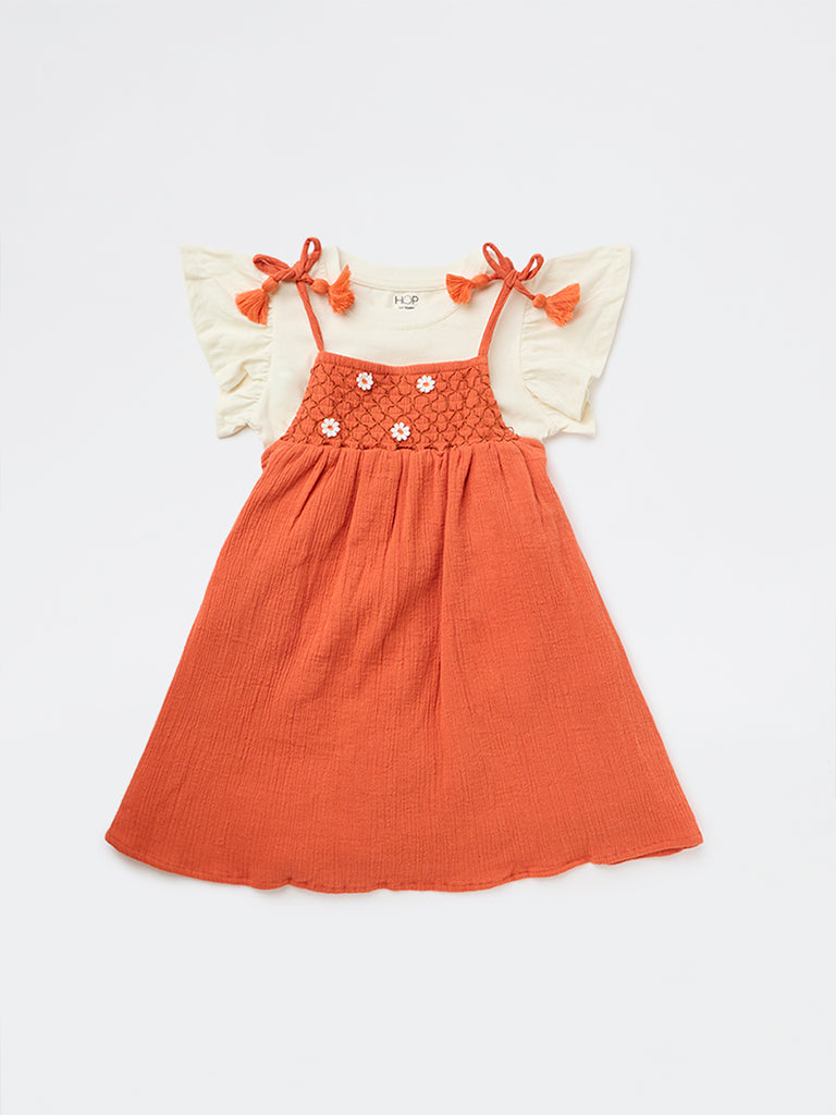 HOP Kids Girls Dusty Orange A-Line Cotton Dress and T-Shirt Set