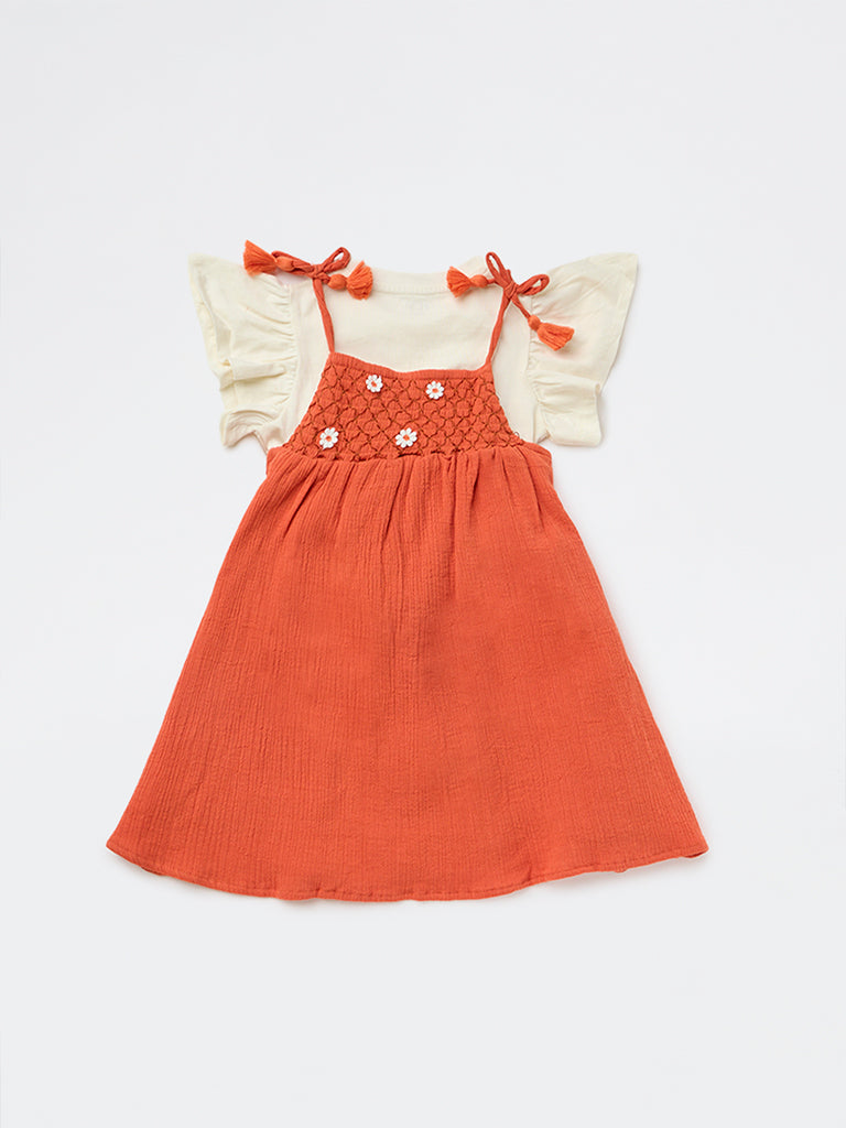 HOP Kids Girls Dusty Orange A-Line Cotton Dress and T-Shirt Set