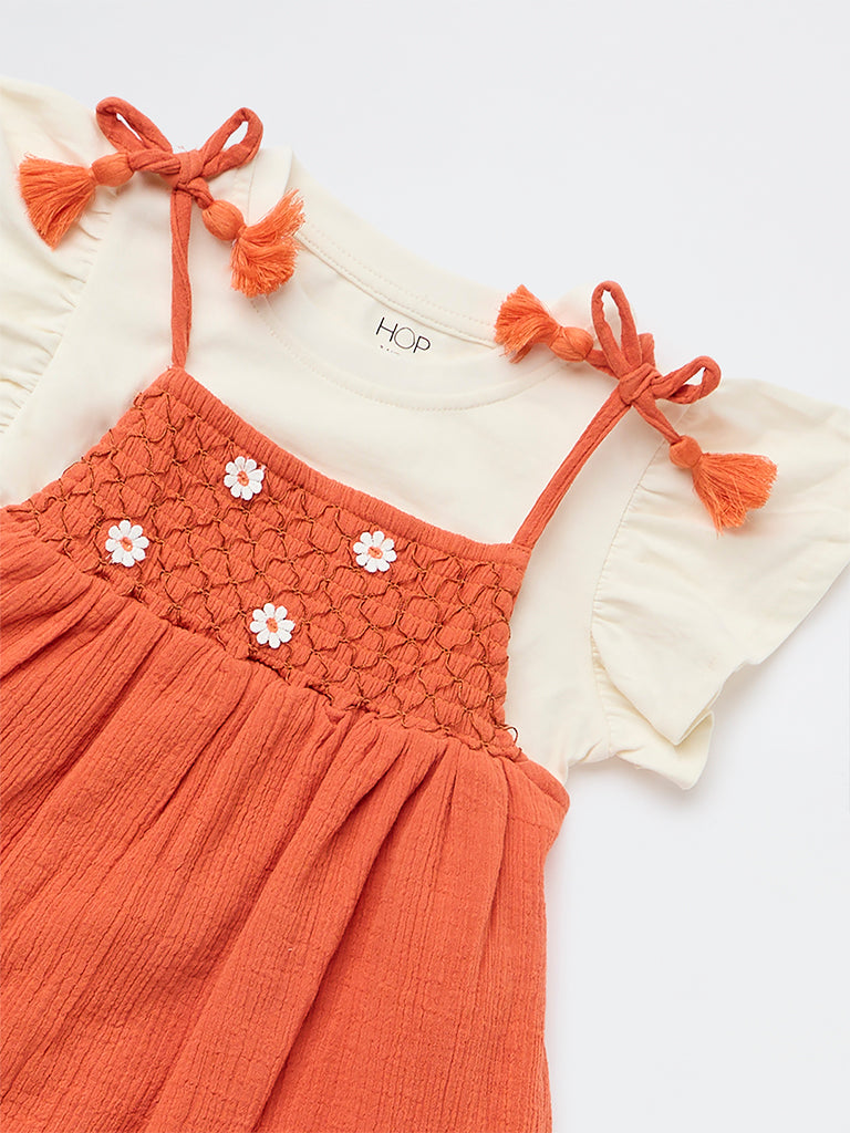 HOP Kids Girls Dusty Orange A-Line Cotton Dress and T-Shirt Set
