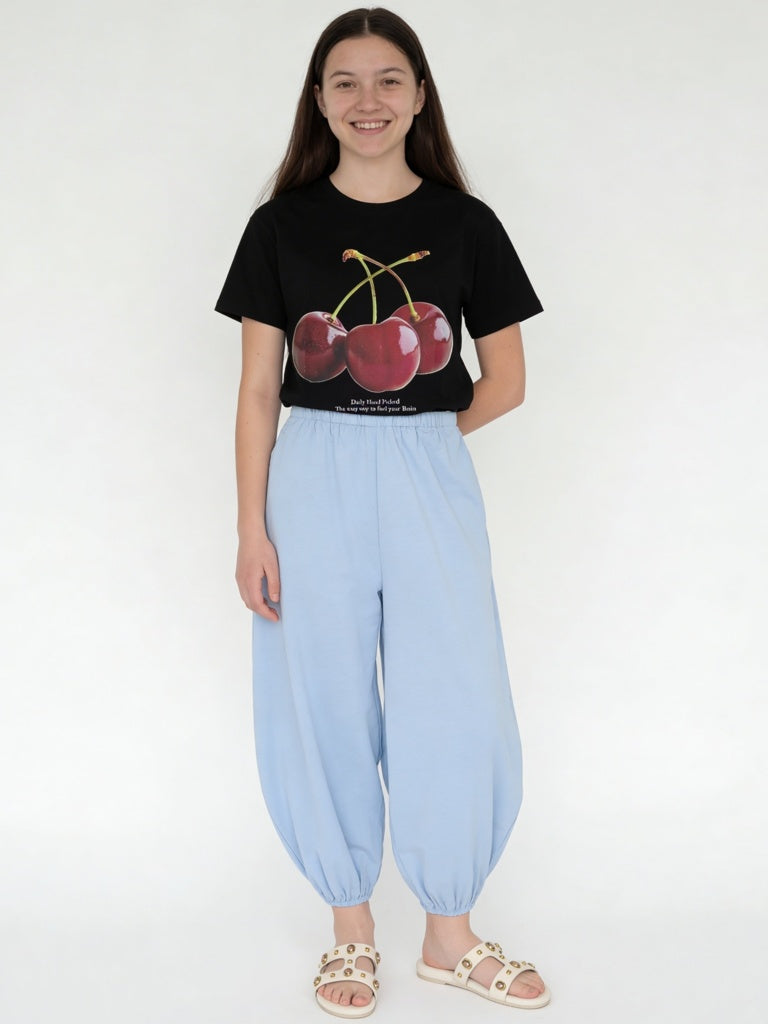Girls Light Blue High-Rise Cotton Pants