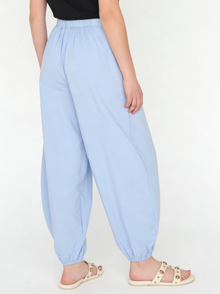 Girls Light Blue High-Rise Cotton Pants