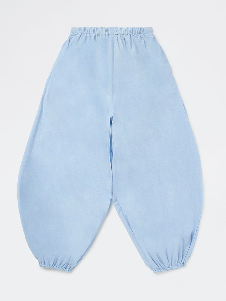 Girls Light Blue High-Rise Cotton Pants