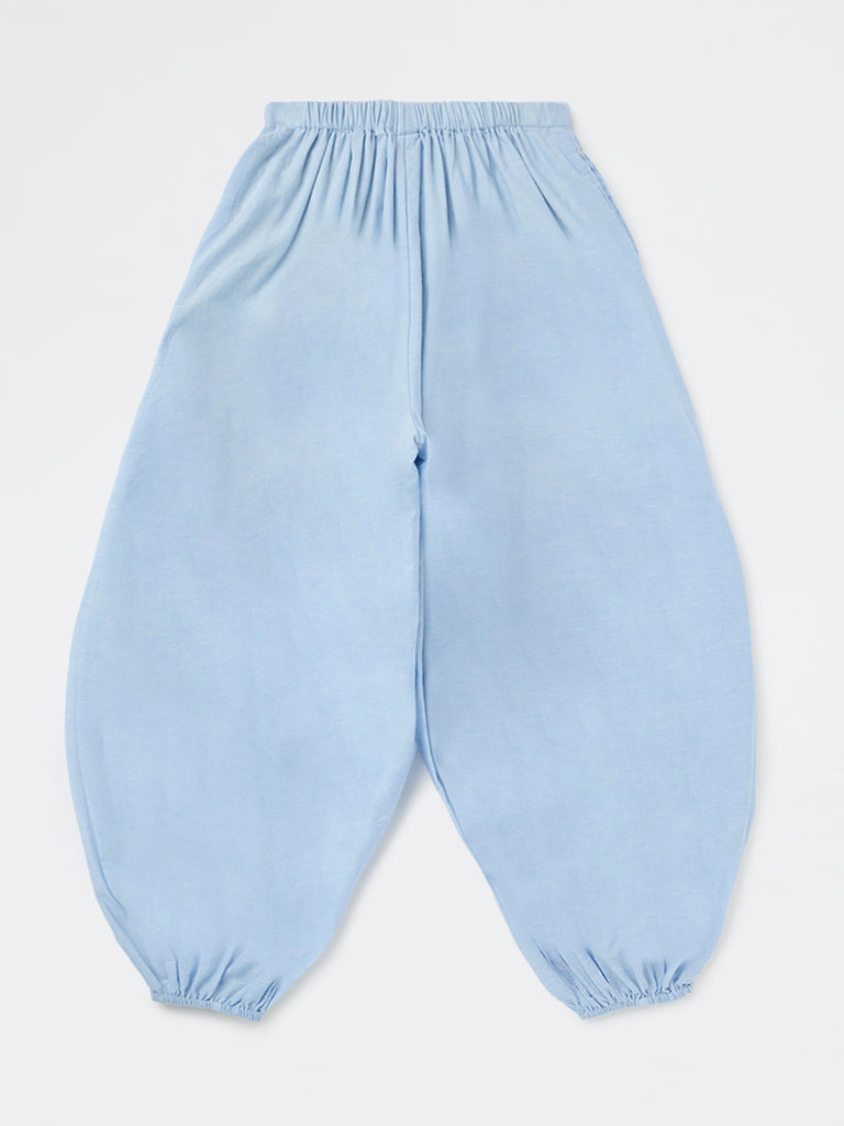 Girls Light Blue High-Rise Cotton Pants