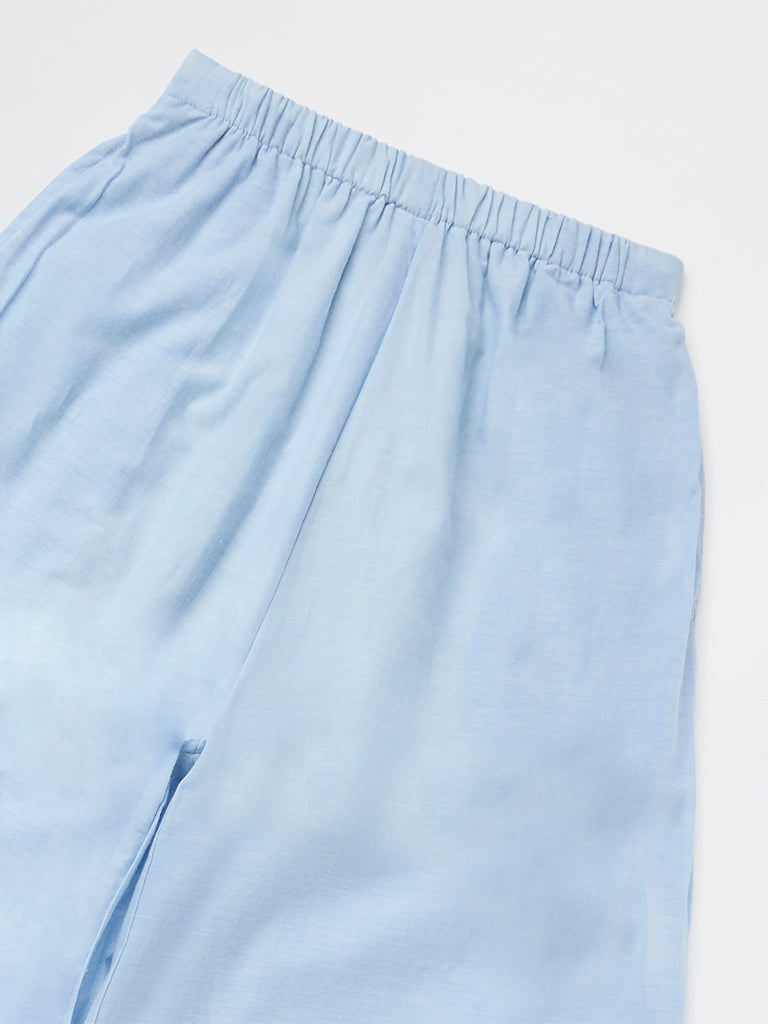 Girls Light Blue High-Rise Cotton Pants