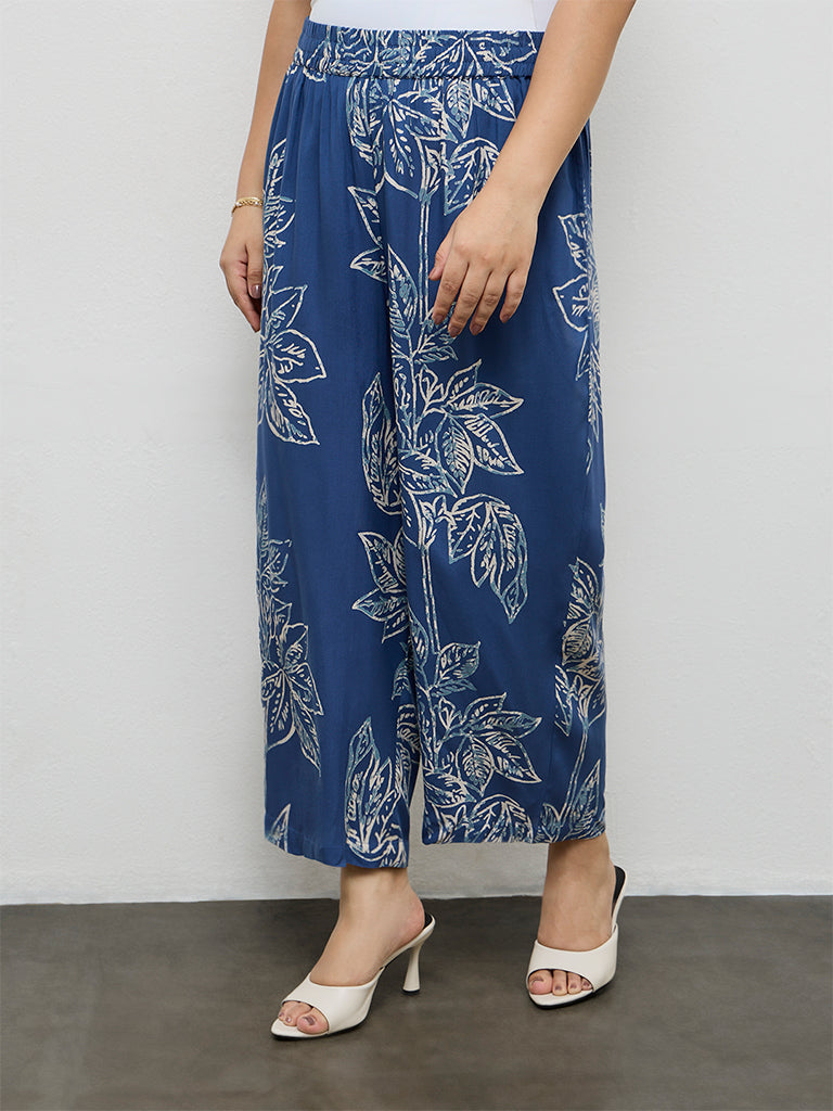 Diza Blue Foliage Pattern Palazzos