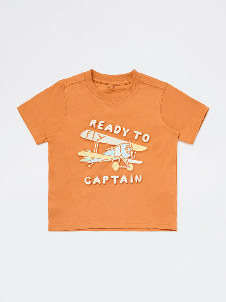 HOP Kids Boys Orange Printed Cotton T-Shirt