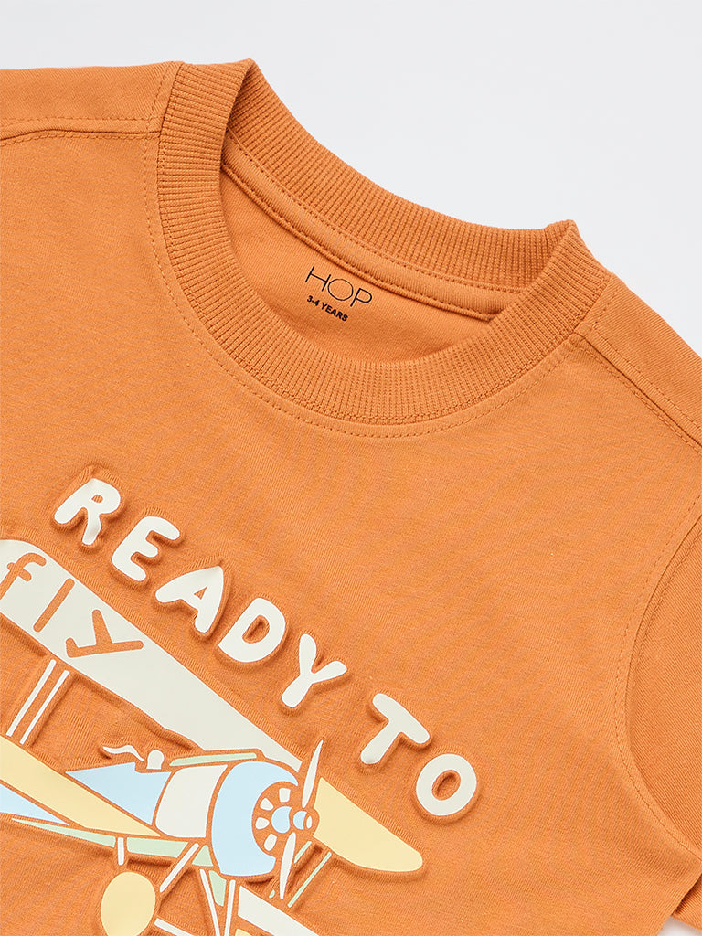 HOP Kids Boys Orange Printed Cotton T-Shirt