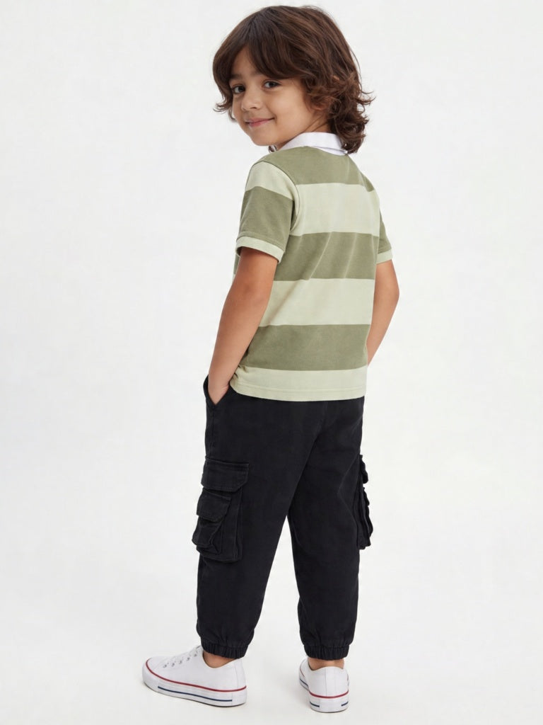 HOP Kids Boys Olive Striped Cotton Polo T-Shirt