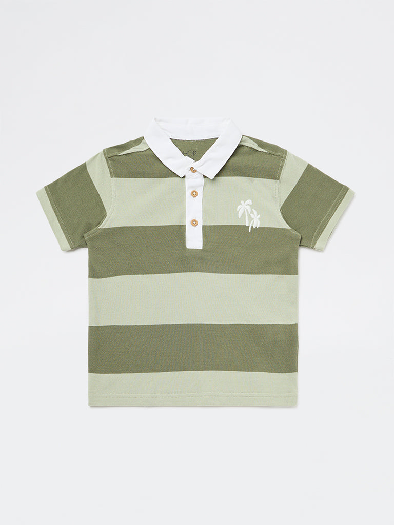 HOP Kids Boys Olive Striped Cotton Polo T-Shirt