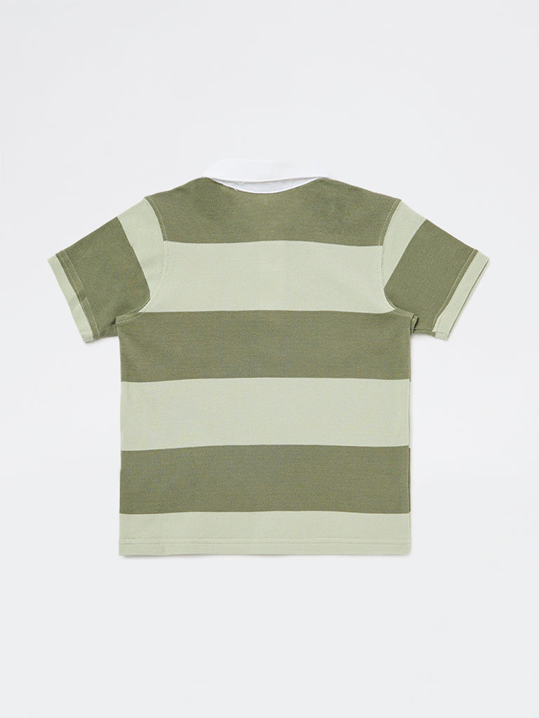 HOP Kids Boys Olive Striped Cotton Polo T-Shirt