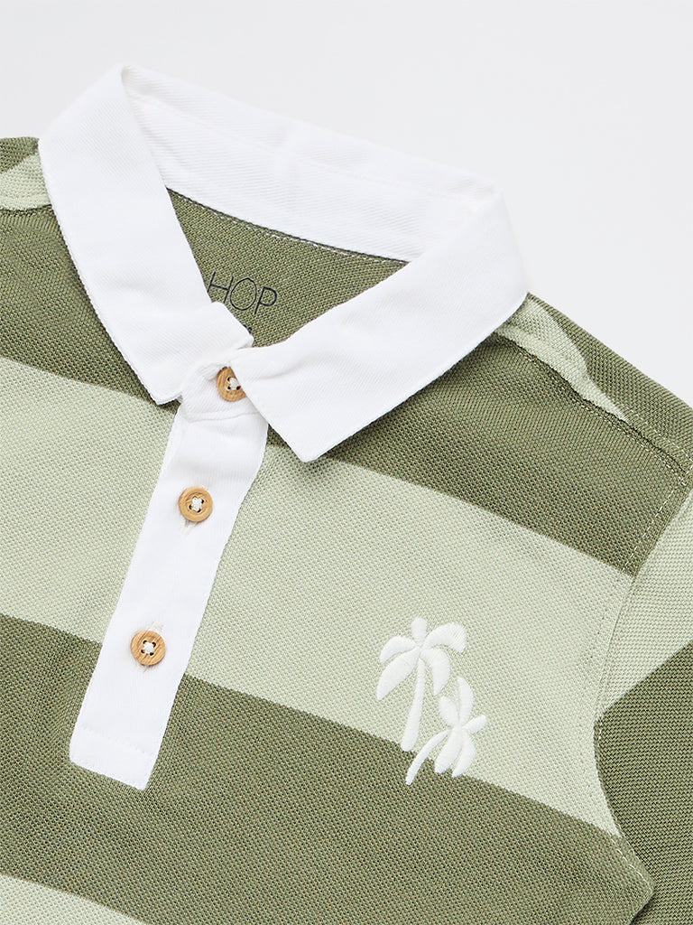 HOP Kids Boys Olive Striped Cotton Polo T-Shirt