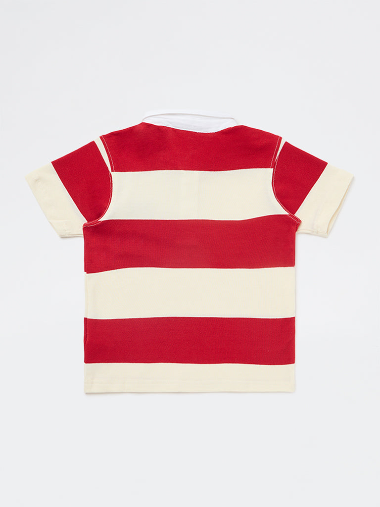 HOP Kids Boys Red Striped Cotton Polo T-Shirt